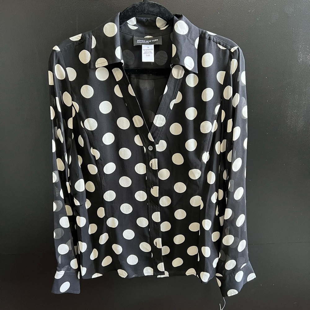 Jones New York Black and White Polka Dot Button Down Shirt
